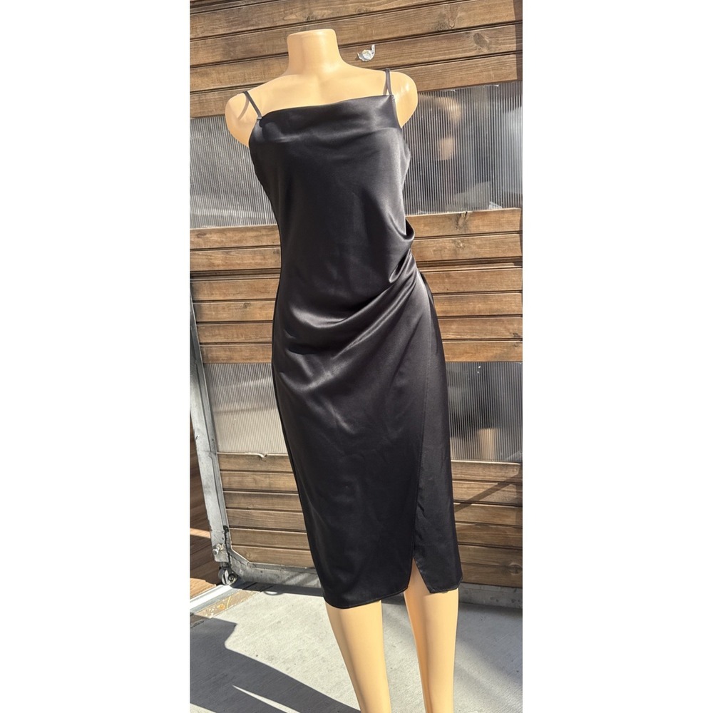 Lulu's Hollywood Satin Midi Dress Small Black Wedding Guest Date Night Classic
